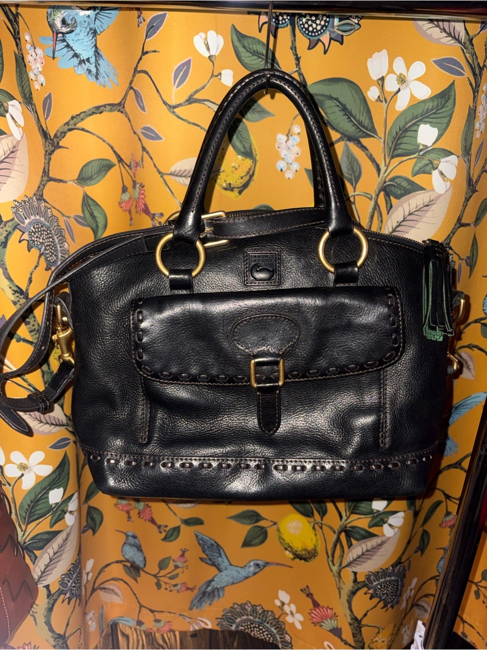 Dooney & Bourke Black Florentine Leather Whipstitch Satchel Bag